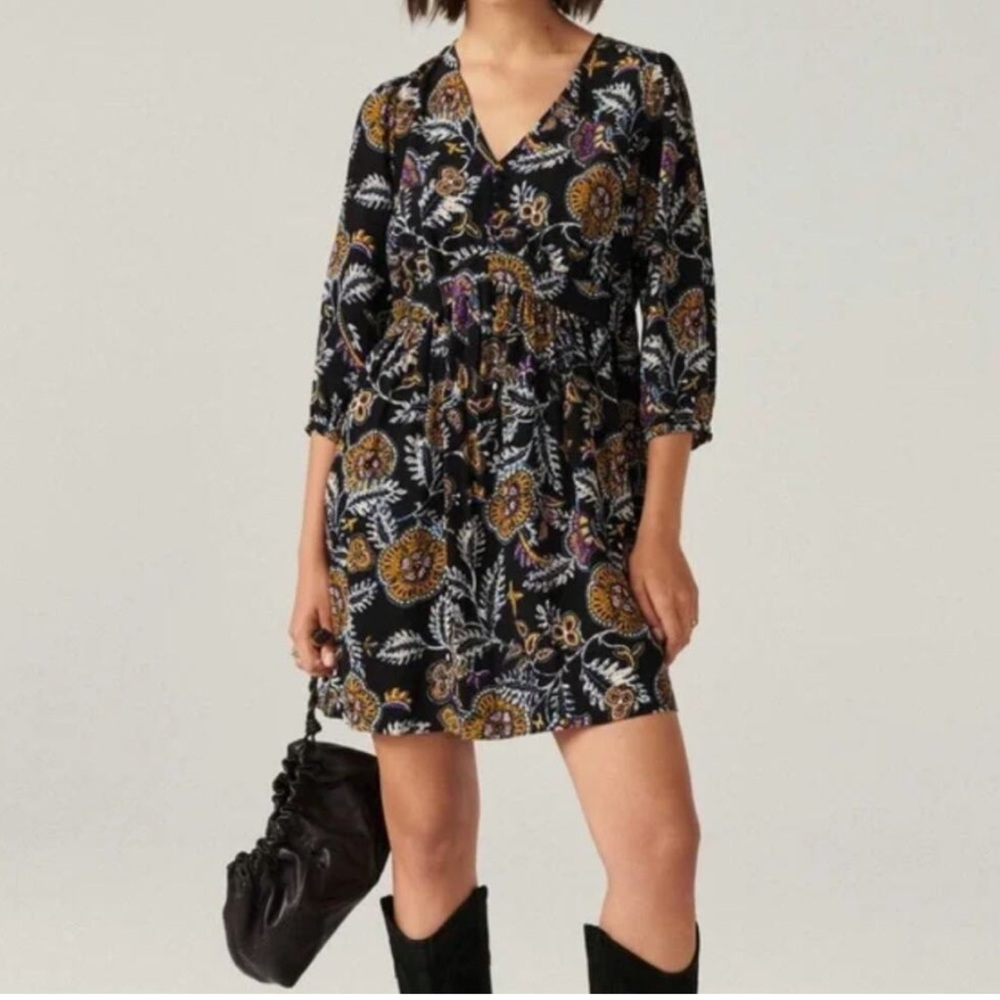 ba&sh Volver Noir Women Large Paisley Mini Black 3/4 Sleeve Pull Over Boho Dress